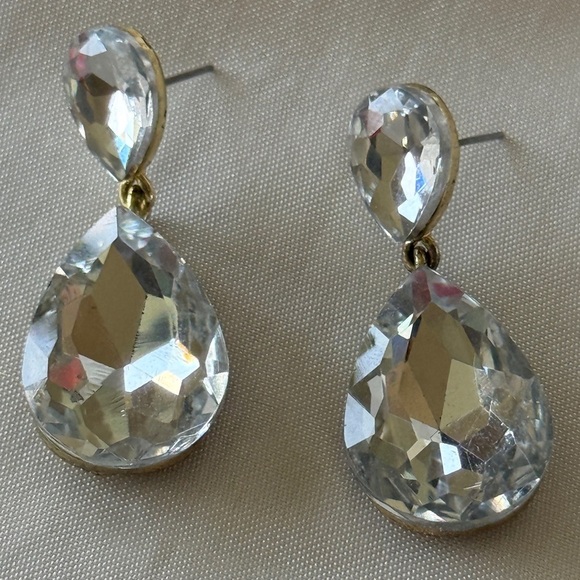 Formal Large Stone Double Teardrop Earrings Designer Inspired Dangles Gold Post - Picture 7 of 10